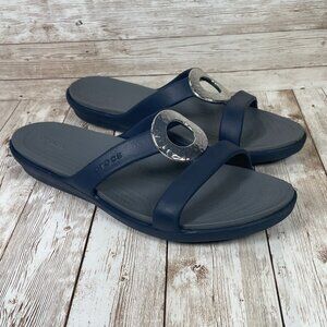 CROCS Sanrah Women's 8 Dual Comfort Silver Hammered Blue Slide Sandals EUC